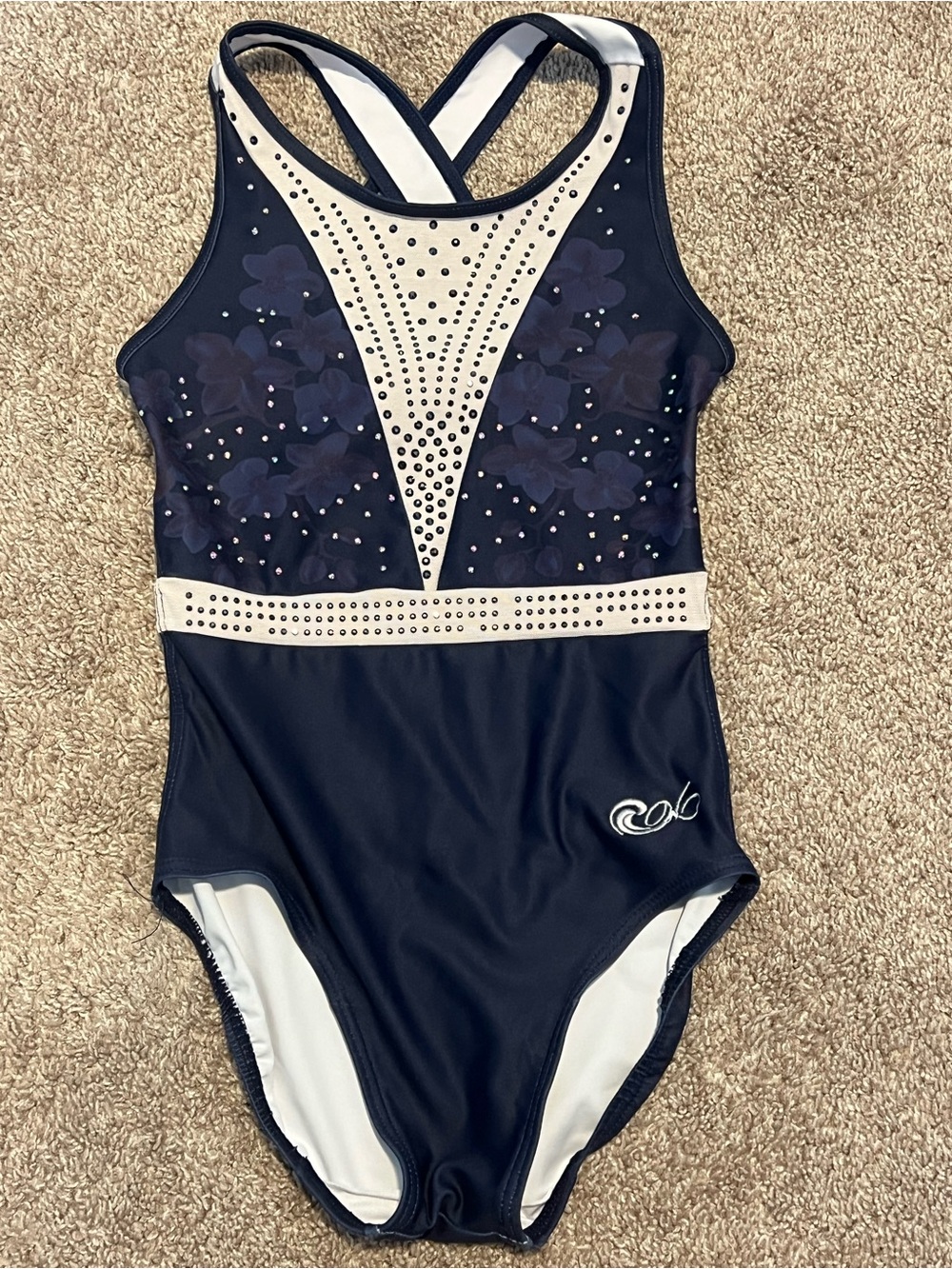 Girls Navy and Cream One-Piece Gymnastics Leotard with Rhinestone Detail